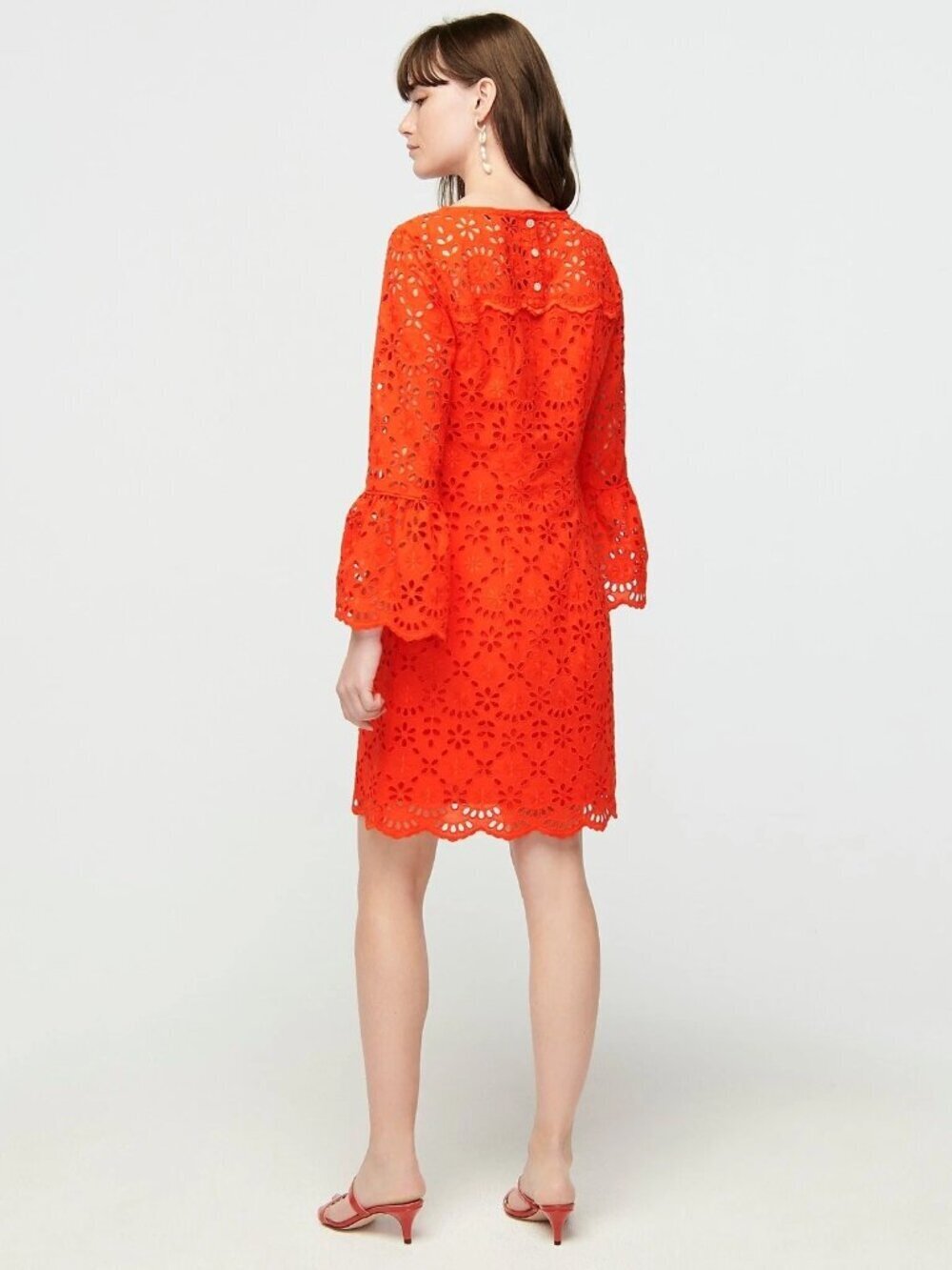 NWT J.CREW Orange Red Embroidered Cotton Eyelet Bell Sleeve Shift Dress, Size 4 - Picture 2 of 15